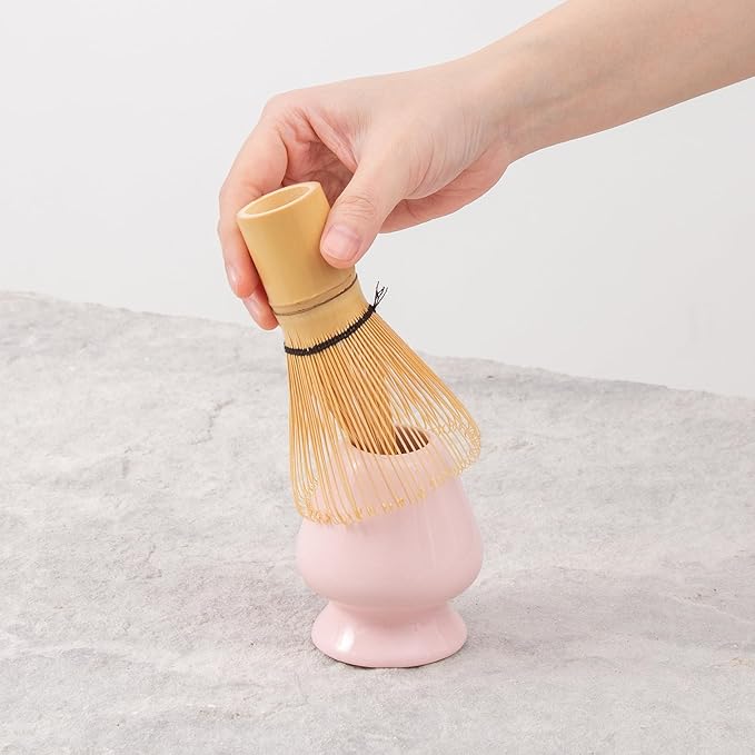 2pcs Matcha Bowl with Whisk Holder, Ceramic Pink Matcha Bowl with Spout, 16.5OZ Porcelain Bowl with Measurement Marks, Tea Mixing Bowl with Whisk Stand, Gfit for mom/daughter/girls (pink)