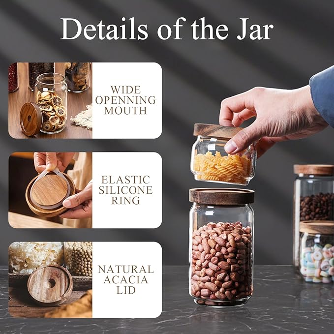 Glass Jars with Airtight Wood Lids - 17 oz Small Kitchen and Pantry Storage Containers, Canisters for Chia Seed, Ground Coffee, Sugar, Spice, Salt, Salad, Matcha, Set of 2