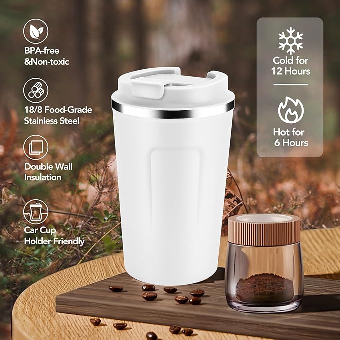 Volhoply 12 oz Double Wall Insulated Vacuum Travel Coffee Mugs with Flip Lid Bulk 2 Pack,Reusable Stainless Steel Leak Proof Coffee Cup,Portable Thermal Tumbler for Cold & Hot Drinks(Assorted,2 Set)