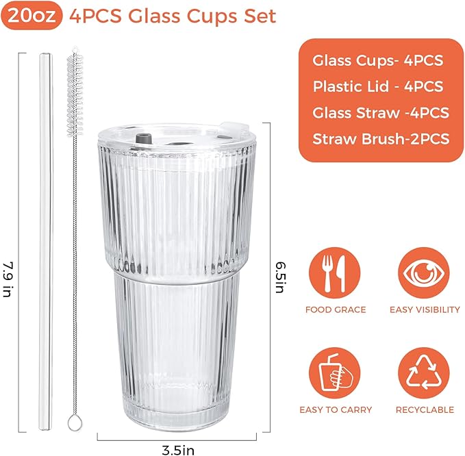 4PCS 20oz Glass Cups with Lids and Straws, Iced Coffee Cups with Lids, Stylish Ribbed Thick Drinking Glasses Tumbler for Juice, Smoothies, Cold Beverages, Cute Cup Gifts with Clean Brush