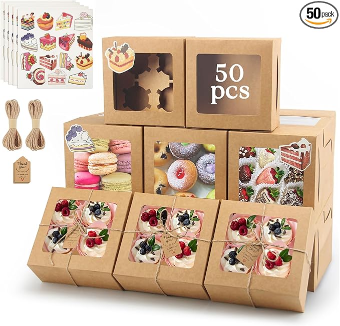 OAMCEG 50 Pack Cookie Boxes with Window, 6x6x3 Inches Brown Bakery Treat Boxes with Stickers & Twine for Pastry, Desserts, Strawberries, Cupcakes, Gift Giving