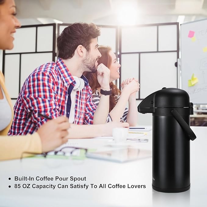 Updated Airpot Coffee Dispenser with Pump, 85 OZ Insulated Thermal Coffee Carafe for Keeping Hot - Cold Water, Party Chocolate Drinks & Stainless Steel Thermos Urn Large Thermal Hot Drink (Black)