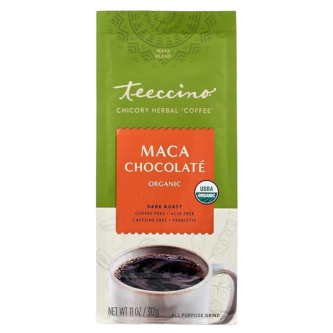 Teeccino Maca Chocolaté Chicory Coffee Alternative - Ground Herbal Coffee That’s Prebiotic, Caffeine Free & Acid Free, Dark Roast, 11 Ounce