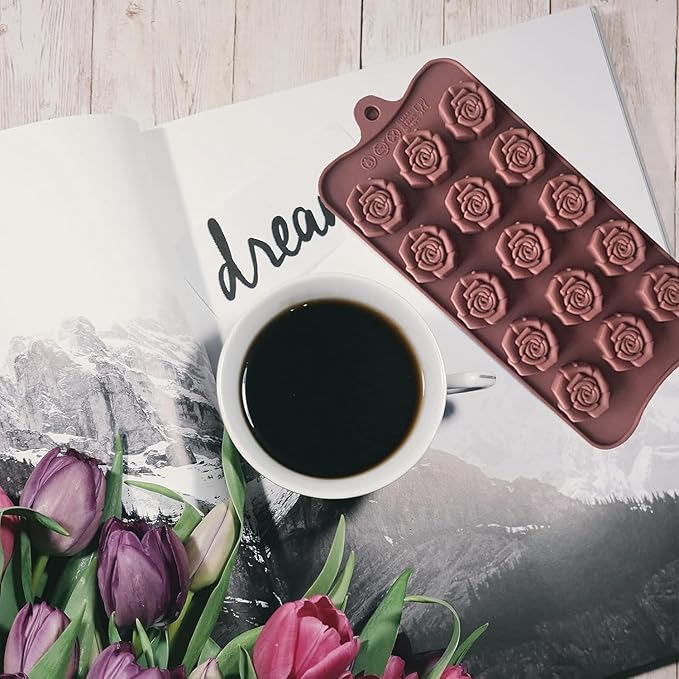 2PCS Rose Flower Chocolate Molds 15 Cavity Silicone Candy Molds Non-Stick Sweet Valentines Day Molds Gummy Ice Jelly Molds for Wax Melt Resin Casting Candles Soap