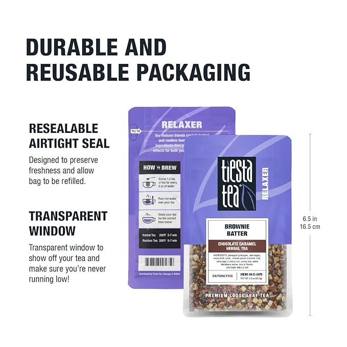 Tiesta Tea - Brownie Batter, Loose Leaf, Chocolate Caramel Herbal Tea, Non-Caffeinated Herbal Drink, Makes Hot or Iced Up to 20-25 Cups, 3oz Resealable Pouch