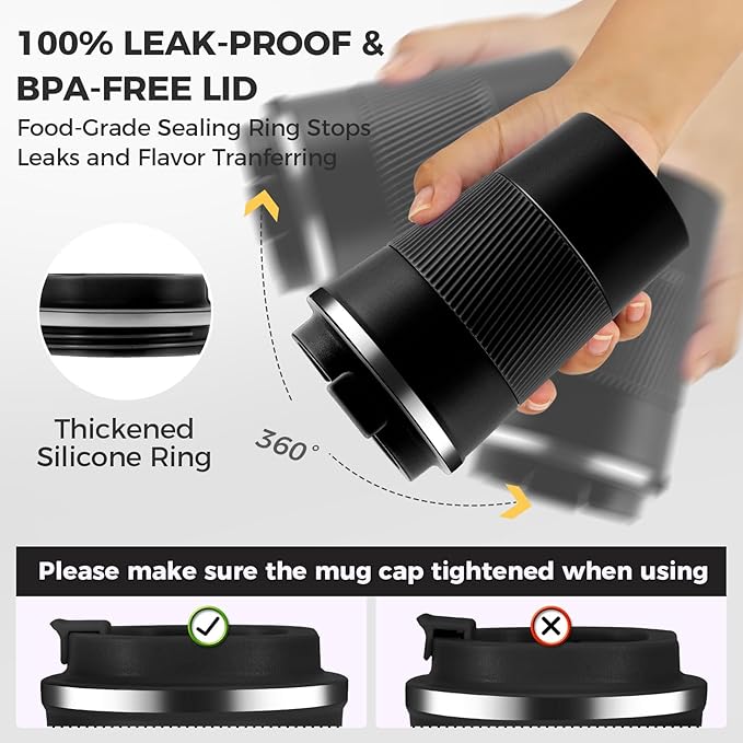 Volhoply 13 oz Stainless Steel Insulated Travel Coffee Mug with Fip Lid,Reusable Double Wall Vacuum Metal Coffee Cup,Portable to Go Leak Proof Cafe Thermal Tumbler for Hot & Cold Drinks(Black,1)