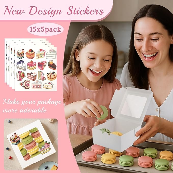 OAMCEG 50 Pack Cookie Boxes with Window 6x6x3 Inches White Cupcake Boxes, Bakery Treat Boxes with Stickers & Twine for Pastry, Desserts, Strawberries, Cupcakes, Gift Giving