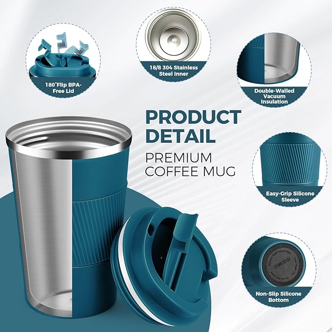 Volhoply 13 oz Stainless Steel Insulated Travel Coffee Mug with Fip Lid Bulk 8 Pack,Reusable Double Wall Vacuum Metal Coffee Cup,Portable Leak Proof Thermal Tumbler for Hot & Cold Drinks(Bule,8)