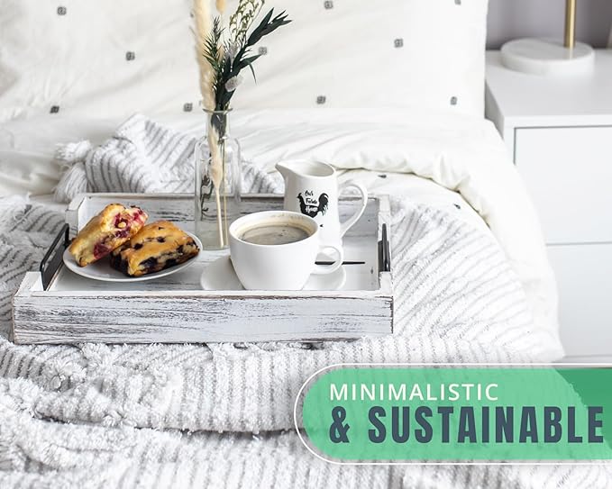 Rustic Wooden Serving Trays with Handle - Set of 2 - Large and Small Nesting Multipurpose Trays - for Breakfast, Coffee Table/Butler & More - Rustic White
