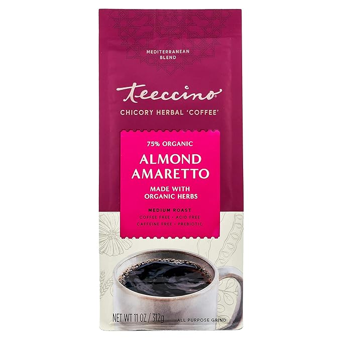 Teeccino Almond Amaretto Chicory Coffee Alternative - Ground Herbal Coffee That’s Prebiotic, Caffeine Free & Acid Free, Medium Roast, 11 Ounce (Pack of 3)