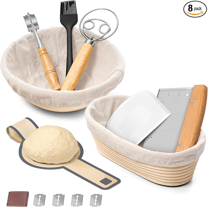 P&P CHEF Sourdough Bread Baking Supplies, 9” Round & 10” Oval Sourdough Proofing Baskets Starter Kit, Bread Making Tool Set with Cloth Liner Bread Lame Scraper Brush Dough Whisk