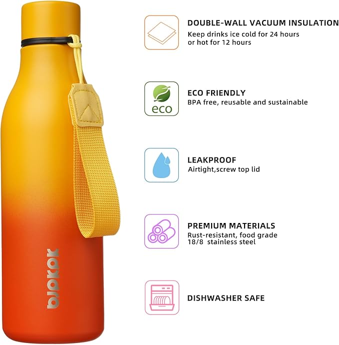 BJPKPK Insulated Water Bottles, 18 oz Stainless Steel Metal Water Bottle with Strap, BPA Free Leak Proof Thermos, Mugs, Flasks, Reusable Water Bottle for Sports & Travel, Sunset Orange