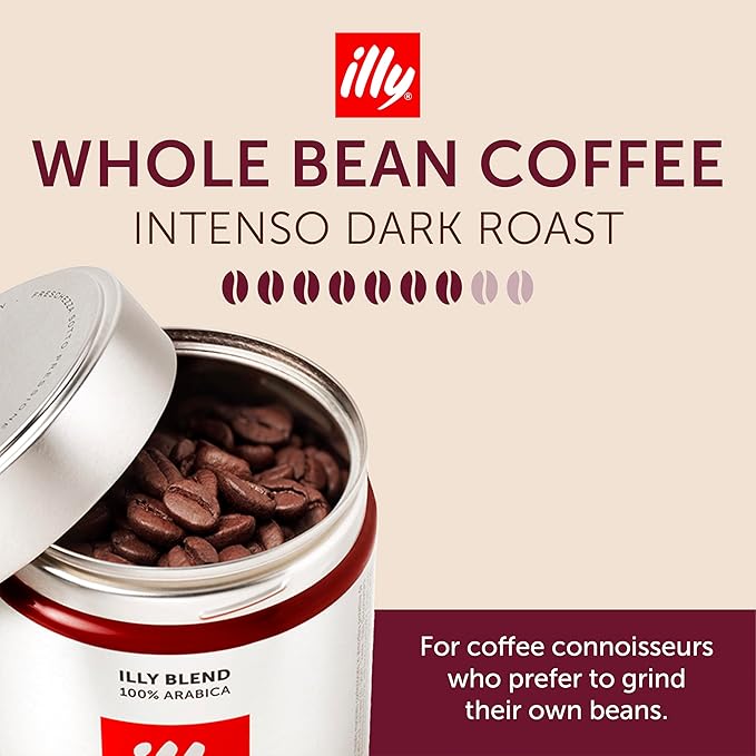 Illy Whole Bean Coffee, Intenso Bold Roast - Bold & Flavorful - 100% Arabica - Whole Beans - Pressurized Packaging Sealed for Freshness - 8.8oz can (Pack of 12)
