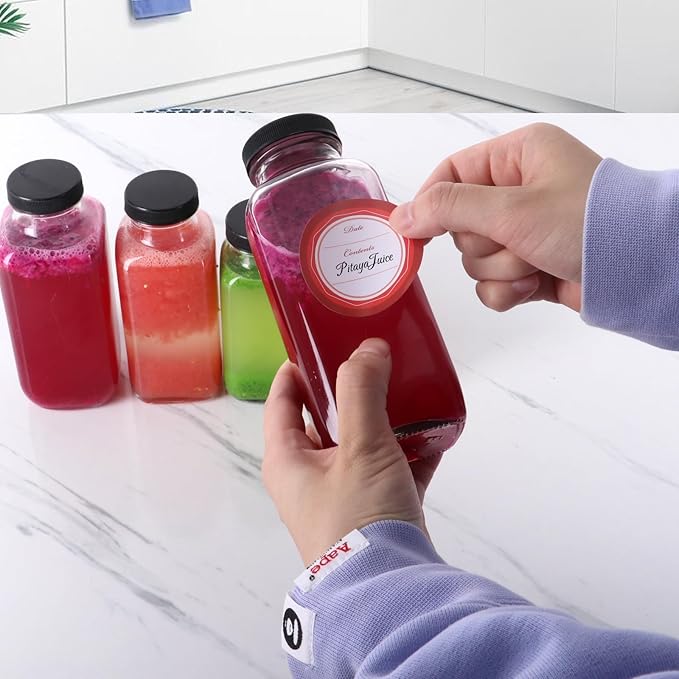 BIGIVACA 12 oz Glass Juice Bottles with Lids,6 PACK Bottles for Juicing,Square Drinking Jars Glass for Coffee,Cola,Milk,Tea in Travel,Work,School