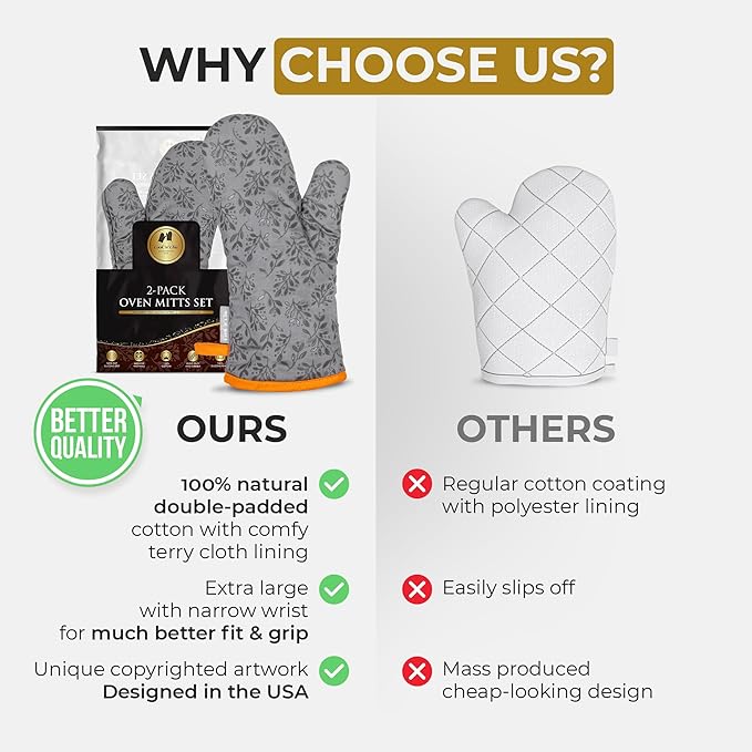 Premium Heat-Resistant Oven Mitts - Stylish and Beautiful - Non-Slip Platinum Silicone Grip - Long and Thick - 100% Natural Cotton Exterior and Soft Terry Cloth Lining - Set of 2 by Cook'n'Chic