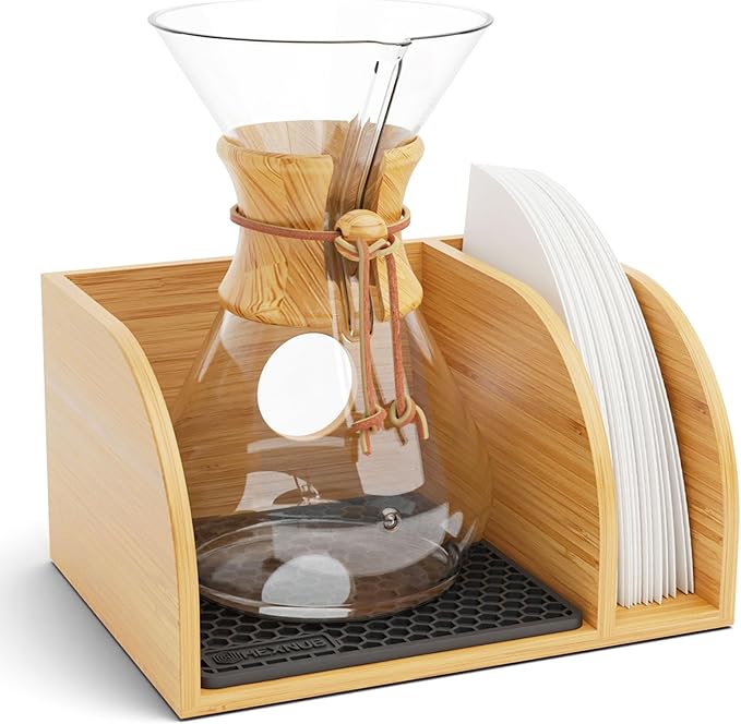 HEXNUB – Caddy for Pour Over Coffee Makers, Bamboo Stand fits Chemex, Bodum, Cosori Carafes, Heatproof Mat, Filter Holder for Coffee Brewing - Black Mat