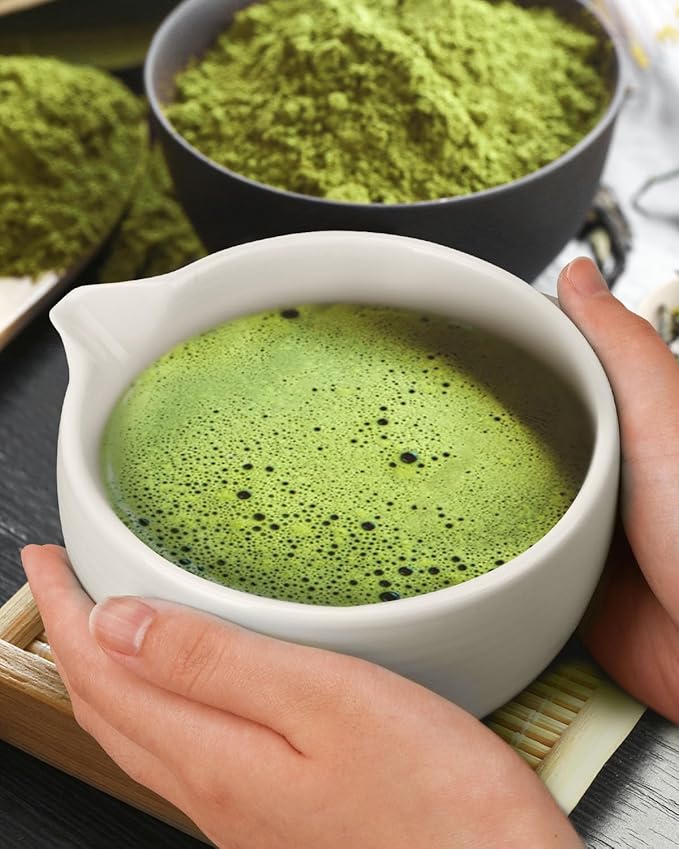 Traditional Matcha Bowl with Spout, Ceramic Matcha Tea Bowl (Chawan), Matcha Mixing Bowl for Whisking Matcha, Ivory White (18 Ounce)