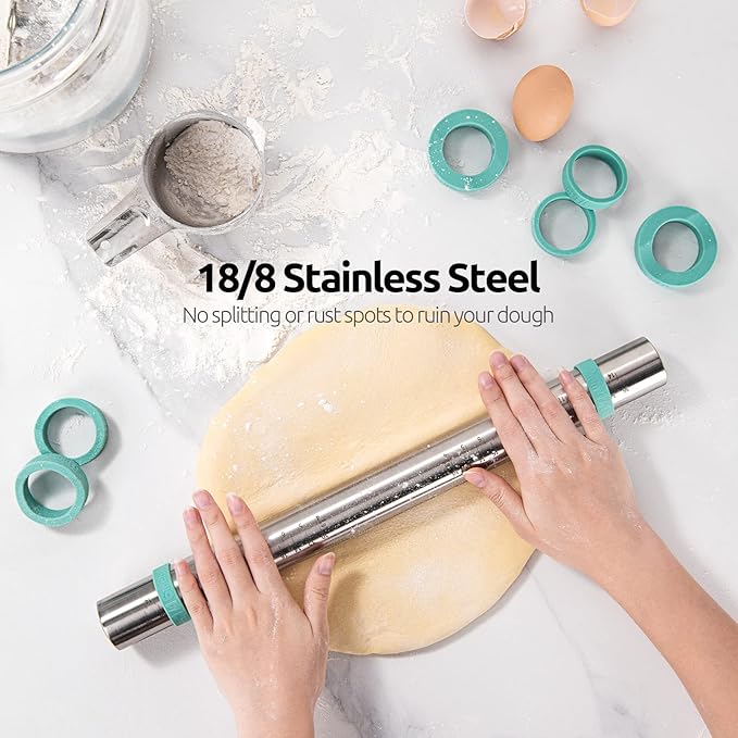 U-Taste 18/8 Stainless Steel 16 inch Adjustable Rolling Pin with Silicone Removable Thickness Rings, Nonstick Kitchen Roller Pin for Baking Cookies Pastry Pizza Pasta Dough Fondant (Teal/Aqua Sky)