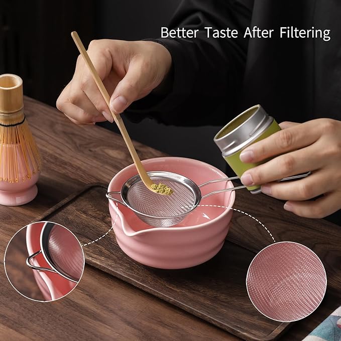 Matcha Set, Matcha Whisk Set Includes Matcha Bowl with Spout, Bamboo Whisk, Matcha Whisk Holder, Sifter, Scoop, Spoon Holder, Tea Towel- 7pcs Perfect Matcha Kit for Matcha Tea Ceremony (Pink)