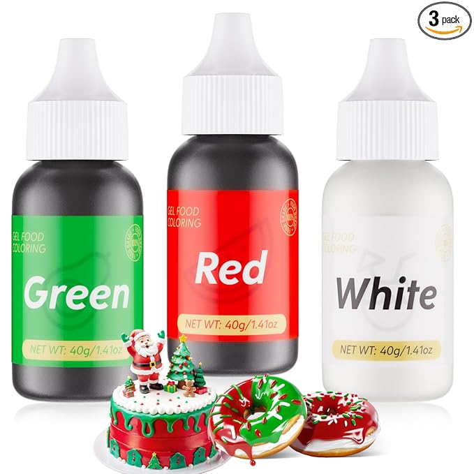 Gel Food Coloring for Cake Decorating - 3 Concentrated Assorted Food Color Edible Christmas Red Green White - Food Grade Dye for Easter Eggs Fondant Cookies Frosting Royal Icing Baking - 40g/Bottle