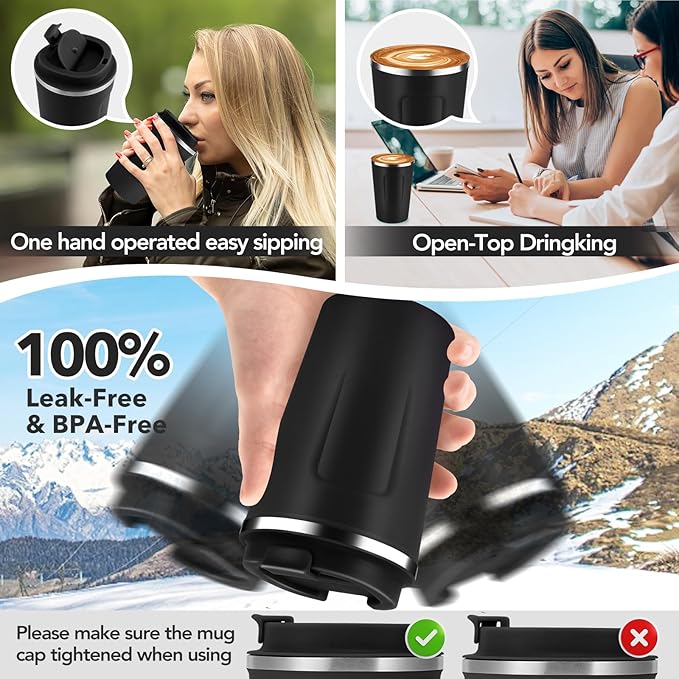 Volhoply 12 oz Double Wall Insulated Vacuum Travel Coffee Mugs with Flip Lid Bulk 2 Pack,Reusable Stainless Steel Leak Proof Coffee Cup,Portable Cafe Thermal Tumbler for Hot & Cold Drinks(Black,2 Set)