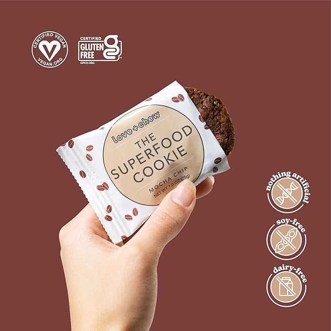 Love + Chew Superfood Soft Baked MINI Cookies, Mocha Chip Flavor, Plant Based Cookie Made With Coffee Extract & Dark Chocolate for Kids and Adults, Vegan Snacks, Gluten Free, Paleo, Non GMO, 10 Pack