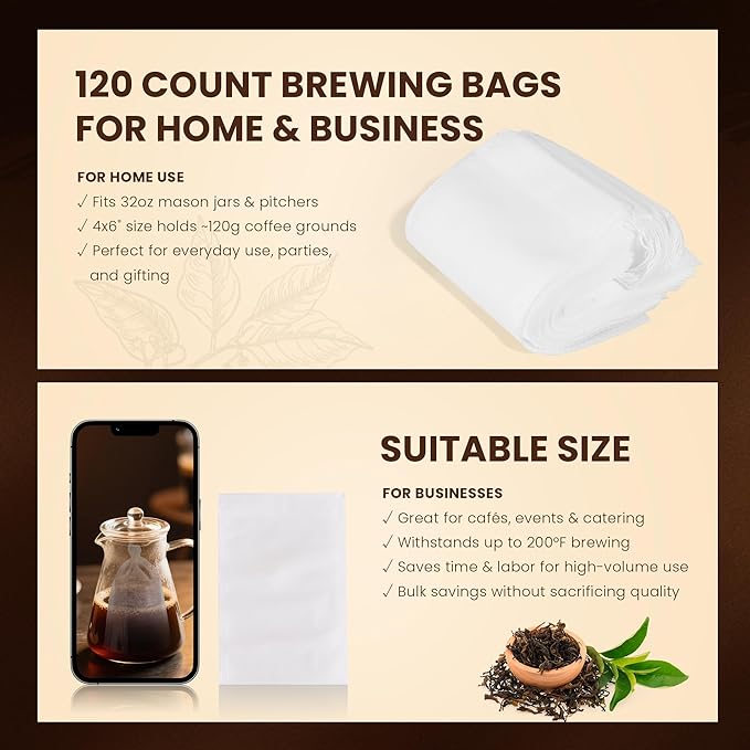 120 Count Cold Brew Coffee Filter Bags – 4x6 Inch Disposable Fine Mesh Drawstring Tea & Coffee Pouches – Fits 64oz Mason Jar, Tear-Resistant, Made from Natural Materials