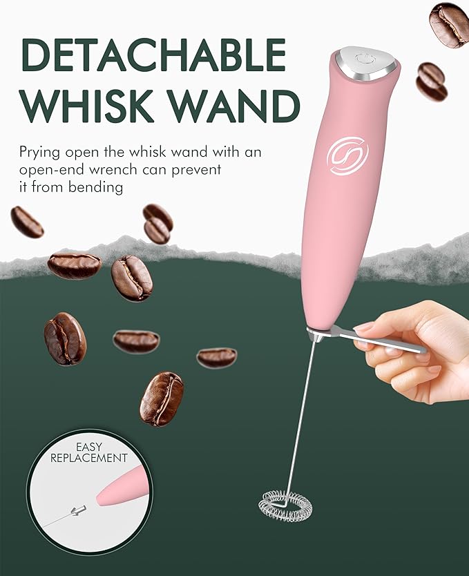 Milk Frother With Stand Handheld Frother Wand Drink Mixer Handheld Coffee Stirrers Electric Frother for Coffee Mixer Wand with 2 Whisk frother for protein powder-Pink