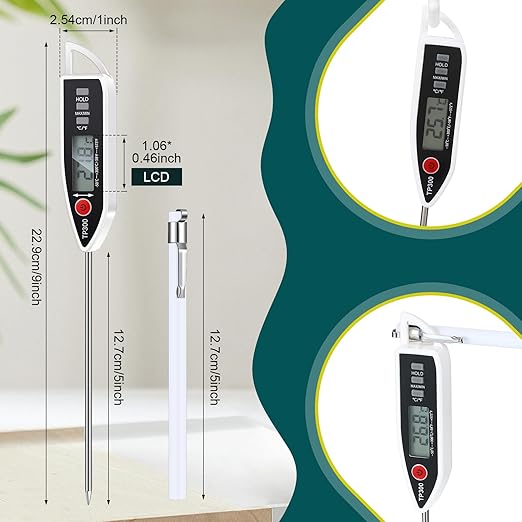 12 Set Waterproof Food Thermometer for Water, Liquid, Candle and Cooking Digital Meat Thermometer with Long Probe Instant Read for Kitchen BBQ Grill Candy (White)