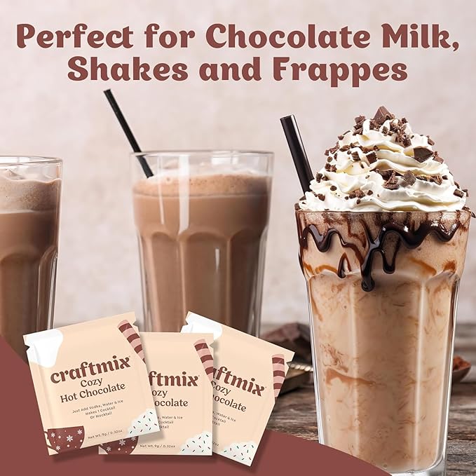 Craftmix Cozy Hot Chocolate Mix - Instant Hot Cocoa Drink Mix Packets - Made with Real Cocoa Beans - Add Milk or Water - Vegan, Low-Carb, Low-Sugar, Dairy-Free, Gluten-Free, 12 Pack