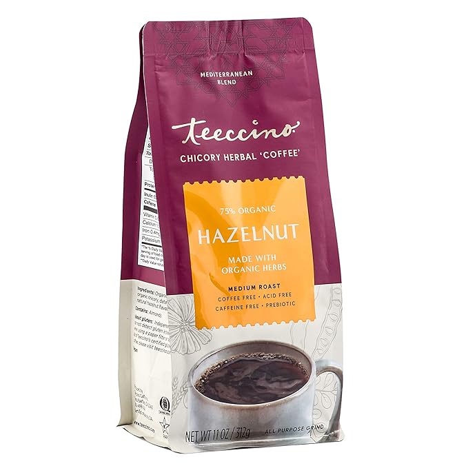 Teeccino Hazelnut Chicory Coffee Alternative - 11 Ounce - Ground Herbal Coffee That’s Prebiotic, Caffeine Free & Acid Free, Medium Roast, (Pack of 3)