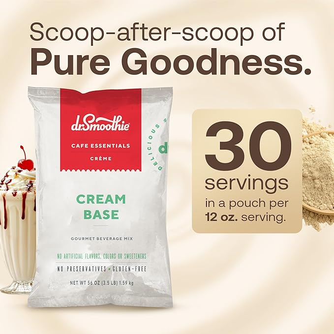 Dr. Smoothie Café Essentials Cream Base – No Artificial Colors, Flavors, or Sweeteners – Shelf Stable – Caffeine-Free – Great for Hot, Iced, & Frozen Frappes (3.5 lb Bag, 30 Servings)