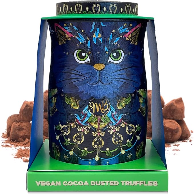 Monty Bojangles Vegan Cocoa Dusted Chocolate Truffles Cat Tin (Midnight Prince - 4.7oz) Cocoa Nib Night Flavored Luxury Vegan Truffles - Collectable Chocolate Gift Box With Bespoke Design