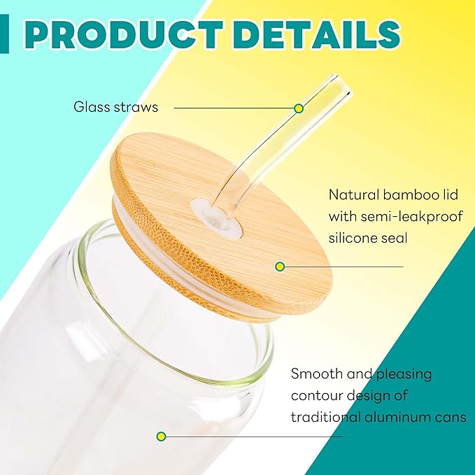Joyclub Glass Cups with Bamboo Lids and Straws 20 Set 16 oz Reusable Iced Coffee Cup Beer Can Drinking Jars for Smoothie Whiskey Boba Soda Tea Gift