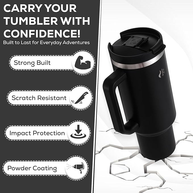 40 oz Tumbler with Handle and Straw, Dual feature Lid, Vacuum Insulated for Hot & Cold, Stainless Steel, includes Silicone Boot & Cleaning Brush