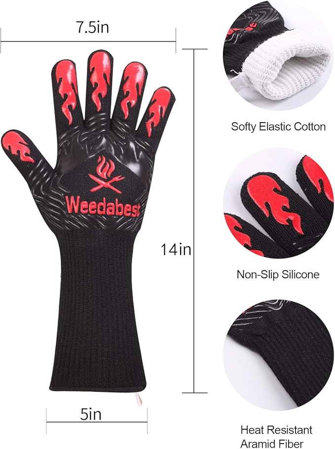 WEEDABEST Hot BBQ Gloves Heat Resistant Kitchen Oven Mitts Professional Long Heat Resistant Cooking Gloves for Grill,Grilling,Smoker,Barbeque,13.5 inch-Gray