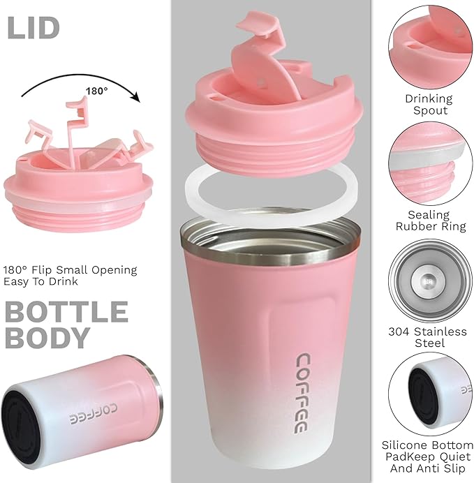 YINBAOGE Insulated Travel Coffee Mug Spill Proof Leak Proof Pobtable To Go Camping Stainless Steel Coffee Tumbler Reusable Coffee Cups with Lids Thermos for Hot and Cold Drink (2nd-Pink White, 12 OZ)