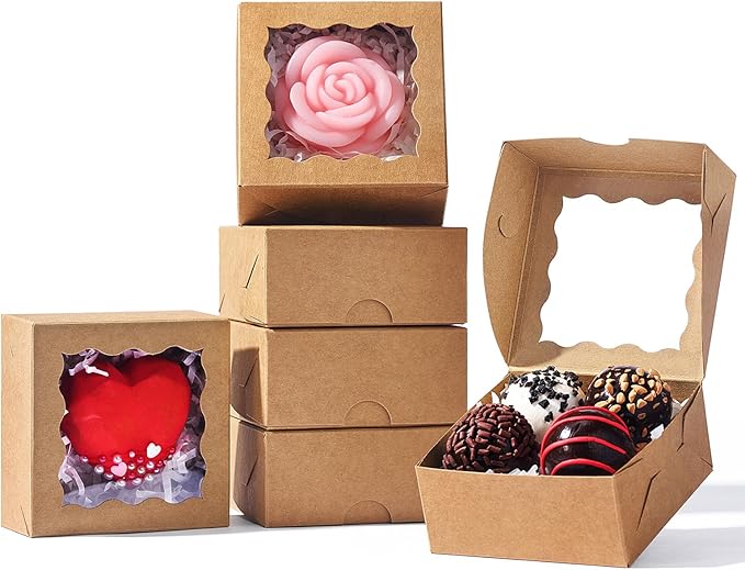 3.2x3.2x1.5 Inches 100PCS Chocolate Truffle Boxes Mini Bakery Boxes with Window for Cookies,Soap,Donut, Macaron,Brownie(Brown)
