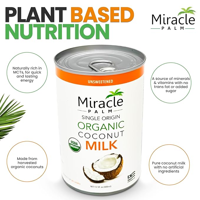 Miracle Palm Coconut Milk Unsweetened - Coconut Milk Canned, Additive Free Organic 13.5 Fl Oz (Pack of 6)