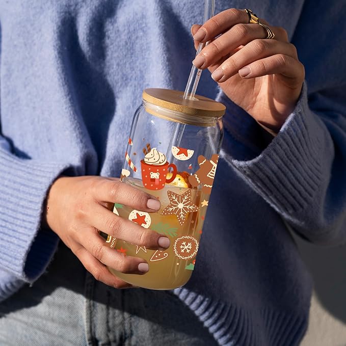 Christmas Glass, 16 Oz Winter Iced Coffee Glass with Straw and Lid, Festive Winter Theme, Perfect for Christmas and Holiday Celebration Decorations (One)