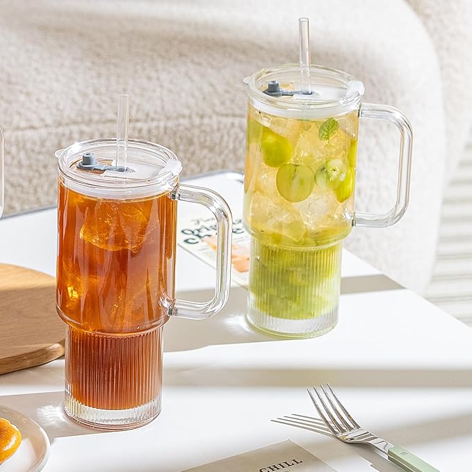 KEMORELA 2-Pack 26oz Ribbed Glass Tumblers with Handle and Lid – Large Aesthetic Iced Coffee Cups with Straws, Modern Textured Glass Mugs for Smoothies, Tea, Juice & Cold Beverages, Dishwasher Safe