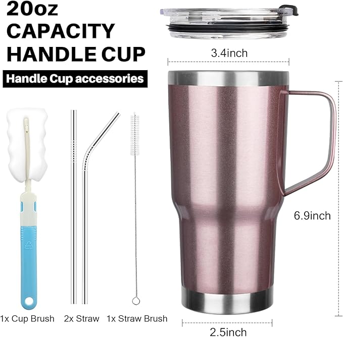20 oz Tumbler with Handle, Stainless Steel Insulated Tumbler with Lid and Straw, Double Wall Vacuum Coffee Mug Tumbler, Insulated Coffee Thermal Cup for Cold and Hot (Rose gold)