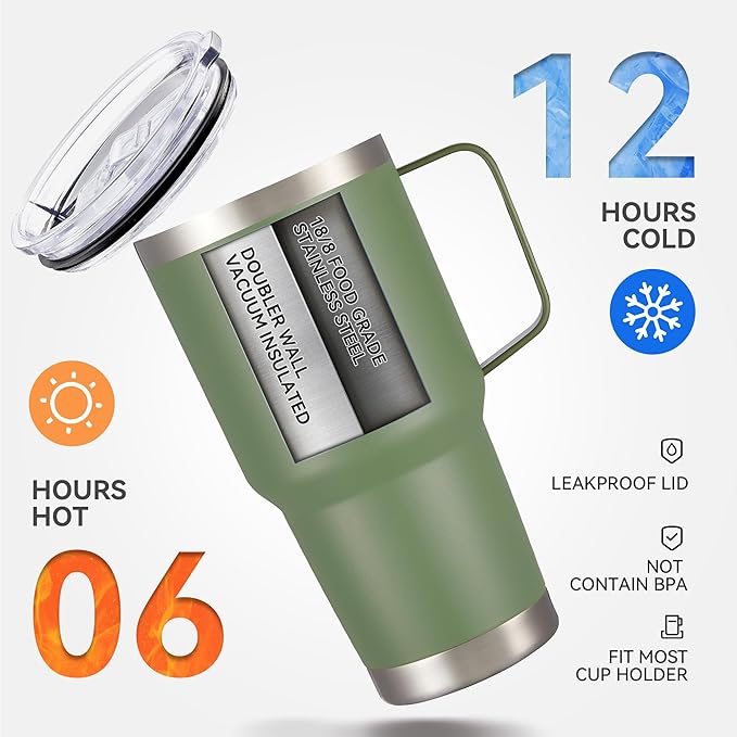 30 oz Tumbler with Handle and Lid, Stainless Steel Tumblers Bulk Double Wall Vacuum Insulated Travel Mug Leak Proof Cup Keep Drinks Cold and Hot Army Green, 4 Pack