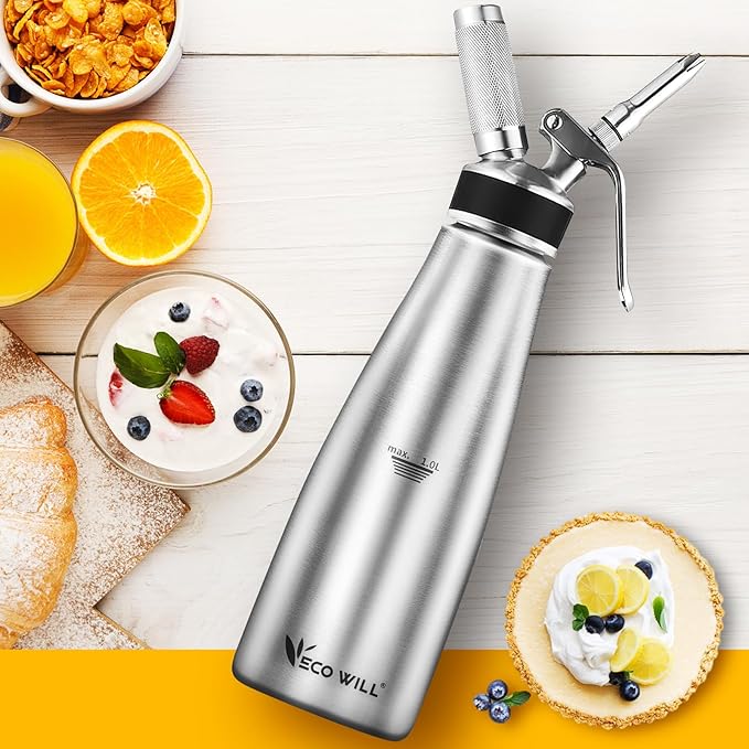 Professional Stainless Steel Cream Whipper, 1000ml – For Perfect Whipped Cream, Dessert Mousses, Cocktails & More – Easy to Use & Clean (Stainless Steel 1L)