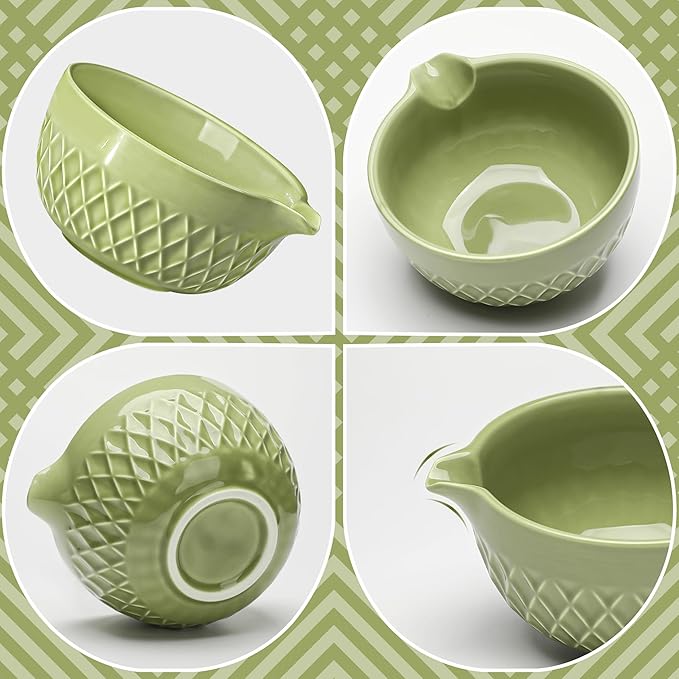 Matcha Whisk Set, 7 Pcs Matcha Kit, Ceramic Matcha Set Includes Matcha Bowl with Spout, Matcha Whisk and Holder, Bamboo Scoop, Scoop Rest, Sifter and Tea Towel (Matcha Green)