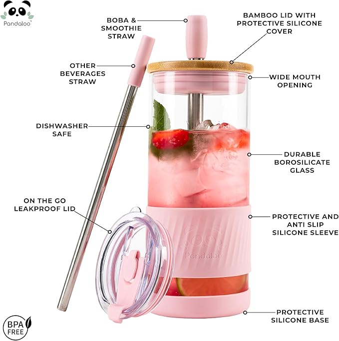 Pandaloo® Glass Cups With Lids and Straws -20 Fl Oz- Perfect Size Iced Coffee Cup - Smoothie Cup With Bamboo Lid and On the go Lid - Glass Tumbler (2 Count (Pack of 1), Black Saphir-Tender Pink)