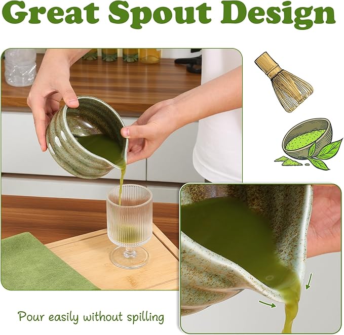 Matcha Whisk Set, 7 Pcs Matcha Kit Includes 18 oz Ceramic Matcha Bowl with Spout, Bamboo Whisk and Holder,Scoop with Stand, Sifter & Tea Towel, Complete Matcha Making Kit