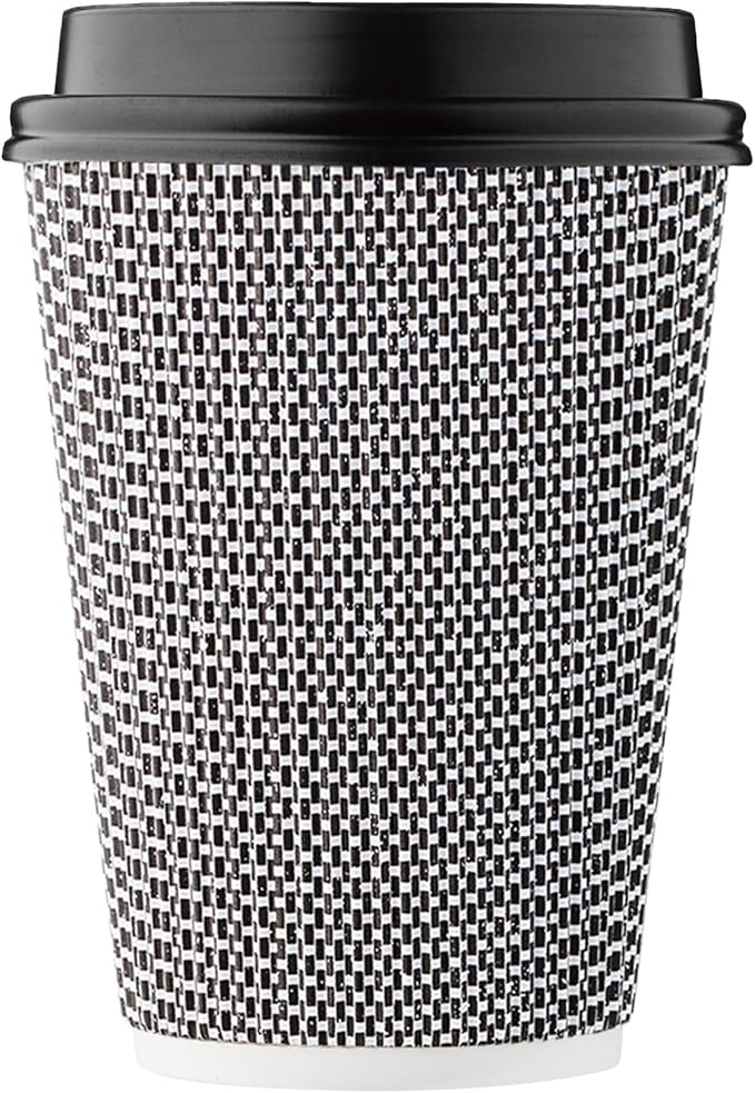 [100 SET]Harvest Pack 12 oz Disposable Coffee Cups, Insulated Ripple Double-Walled Paper Cups with Lids, Black and White Geometric, Drinking Cups for Tea Hot Chocolate Drinks To go coffee cups