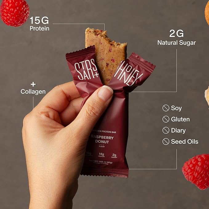 Stars + Honey Protein Bars- The Raspberry Donut,14g Protein, 2g Sugar, w/Collagen Keto Friendly Snack - Gluten, Dairy, & Soy Free - High-Protein Snacks for Energy & Recovery-10 pack