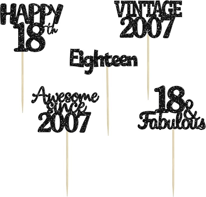 Gyufise 30Pcs Vintage 2007 Cupcake Toppers Glitter Eighteen Happy 18th Cupcake Picks Happy 18th Birthday Cake Decorations for Happy 18th Birthday Fabulous Anniversary Party Supplies Black